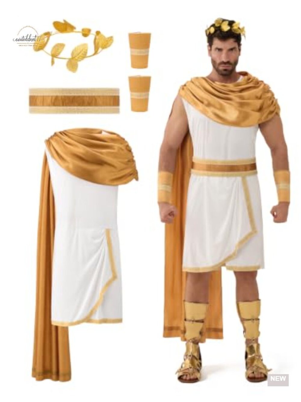 Men's Greek God Toga Costume 5-Piece Set with Leaf Headpiece Belt Arm Cuffs